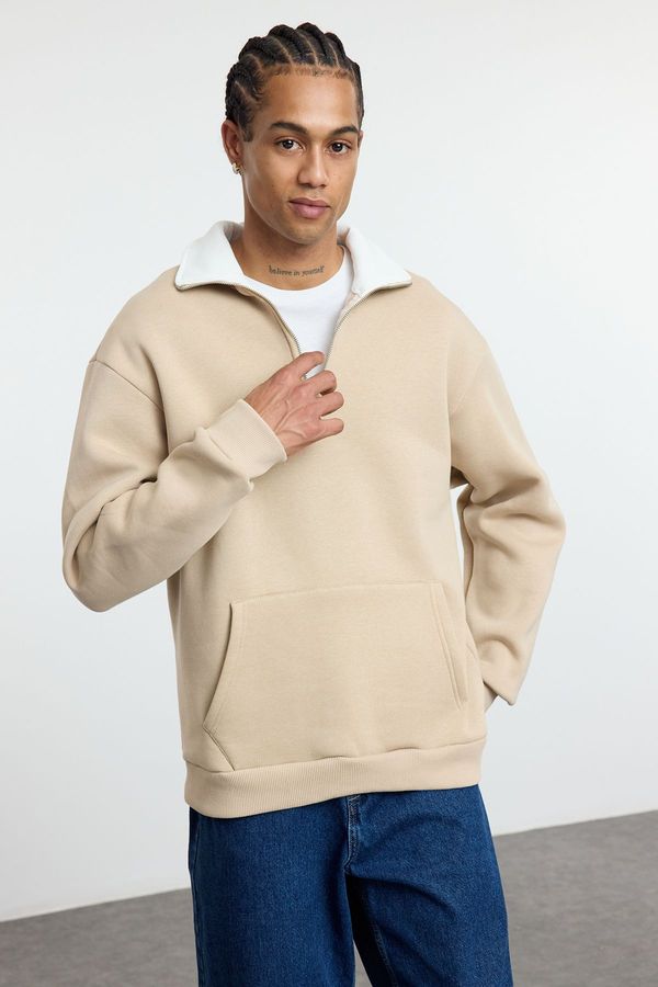 Trendyol Trendyol Beige Oversize/Wide Cut Stand Collar Zippered Polar Fleece Inside/Warm Sweatshirt