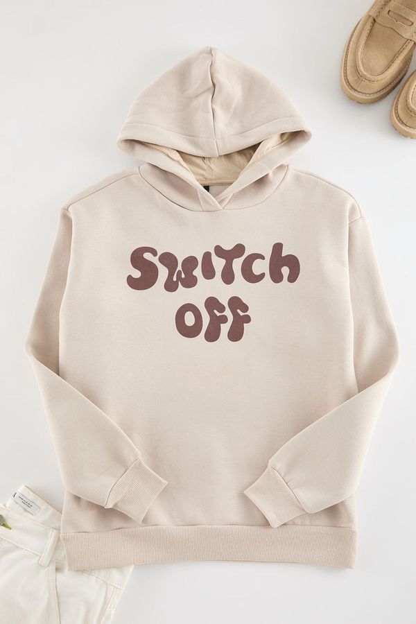 Trendyol Trendyol Beige Oversize/Wide Cut Text Printed Sweatshirt