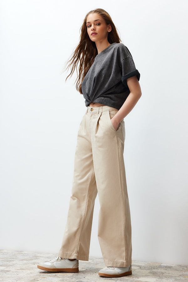 Trendyol Trendyol Beige Pleated High Waist Seasonal Wide Leg Jeans