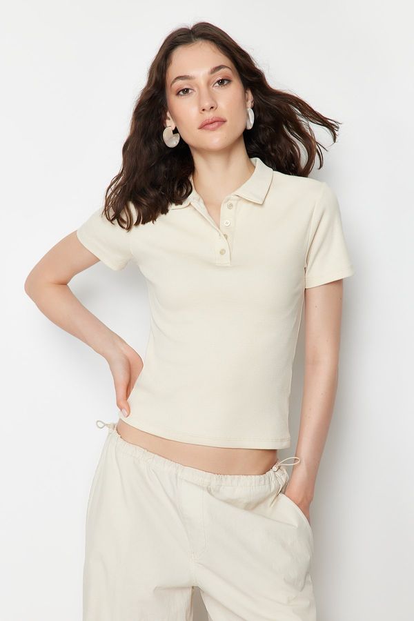 Trendyol Trendyol Beige Polo Neck Buttoned Short Sleeve Stretchy Ribbed Knitted Blouse