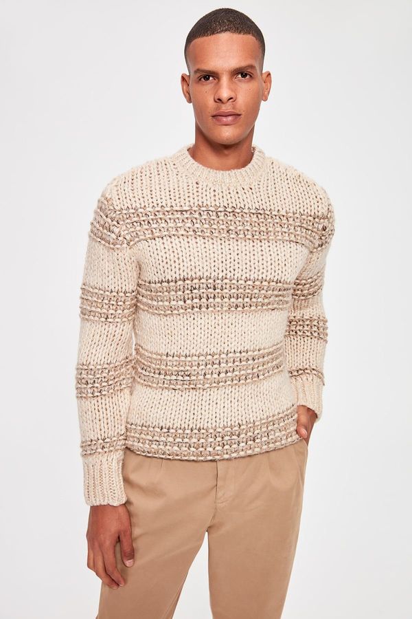 Trendyol Trendyol Beige Regular Crew Neck Striped Knitwear Sweater