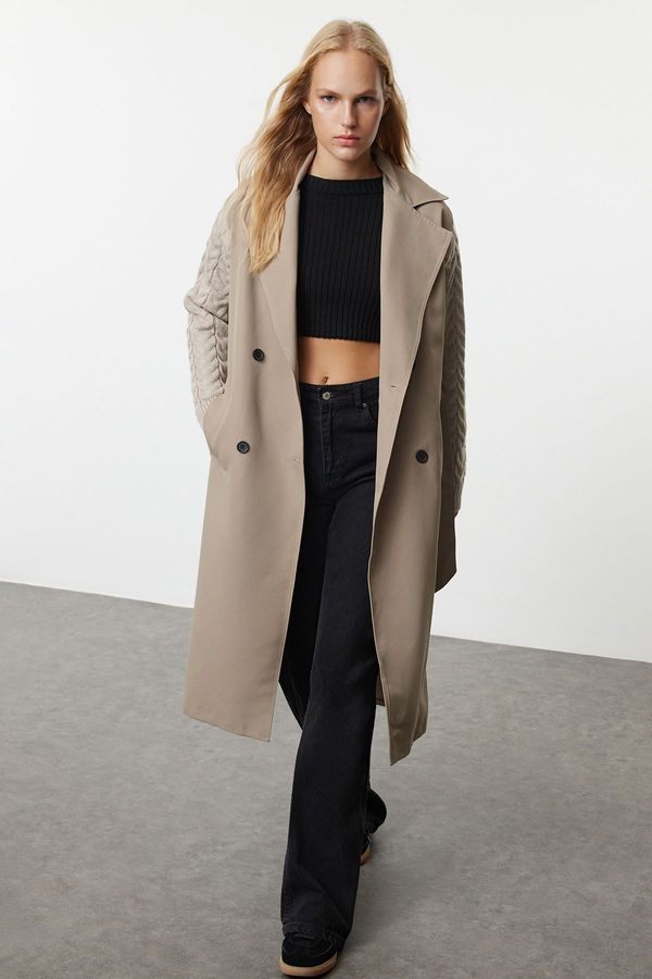 Trendyol Trendyol Beige Regular Fit Belted Sleeves Knitwear Detailed Long Trench Coat