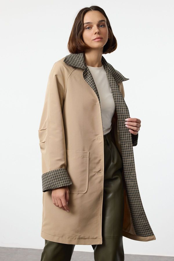 Trendyol Trendyol Beige Regular Plaid Lined Midi Trench Coat