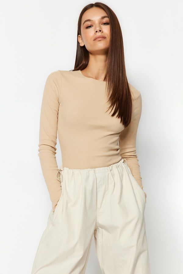 Trendyol Trendyol Beige Ribbed Crew Neck Fitted Cotton Stretch Knitted Blouse