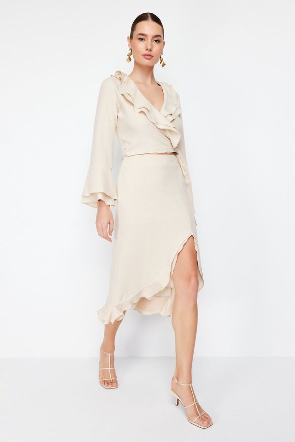 Trendyol Trendyol Beige Skirt Ruffled Slit Detailed Aerobin Fabric Midi Length Woven Skirt