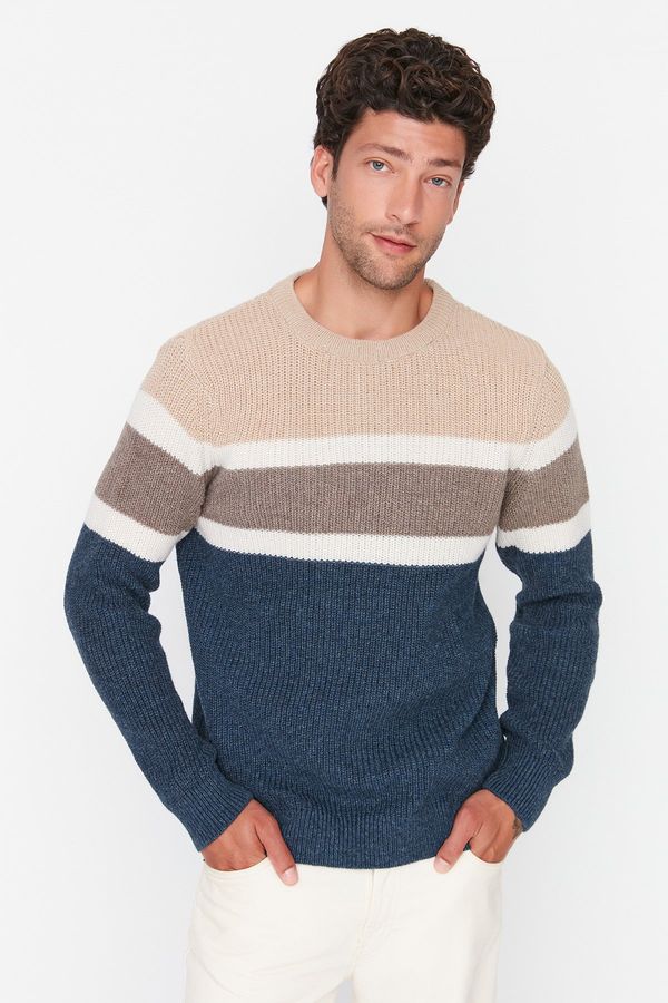 Trendyol Trendyol Beige Slim Fit Wool Crew Neck Panelled Color Block Knitwear Sweater