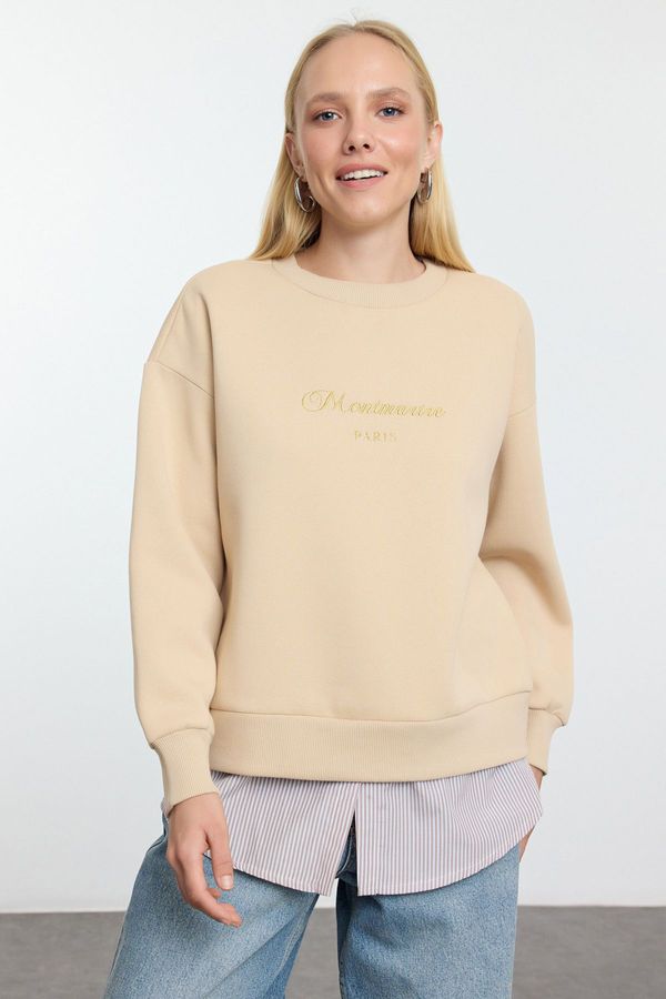 Trendyol Trendyol Beige Slogan Printed and Poplin Detailed Relaxed/Comfortable Pattern Knitted Sweatshirt