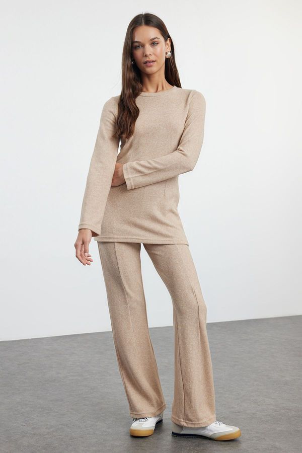 Trendyol Trendyol Beige Soft Spanish Sleeve Blouse and Trousers Flexible Knitted Top-Bottom Set