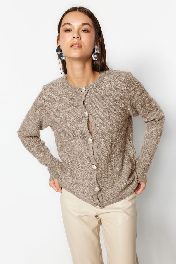 Trendyol Trendyol Beige Soft Texture Accessory Jacket-Look Knitted Cardigan