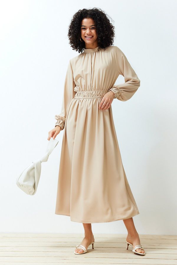 Trendyol Trendyol Beige Stand Collar Waist and Sleeve Gather Detailed Woven Dress