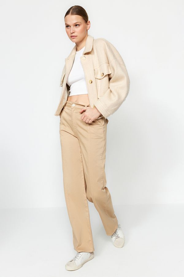 Trendyol Trendyol Beige Stitch Detail Satin High Waist Wide Leg Jeans