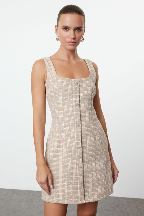 Trendyol Trendyol Beige Stone Accessory Glittery Tweed Woven Short Dress