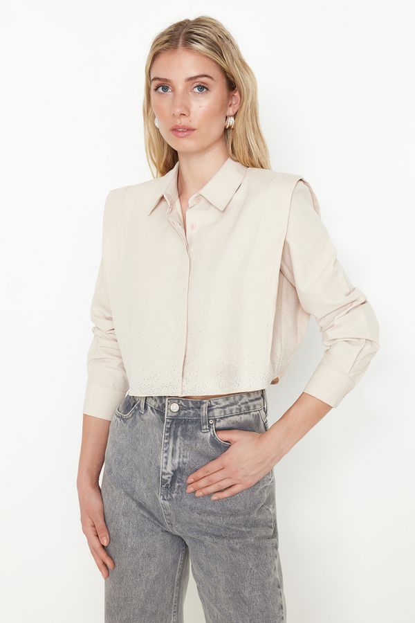 Trendyol Trendyol Beige Stoned Crop Woven Shirt with Padded Sleeves