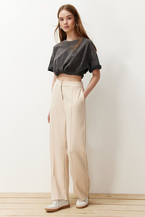 Trendyol Trendyol Beige Straight Cut Ribbed Woven Trousers