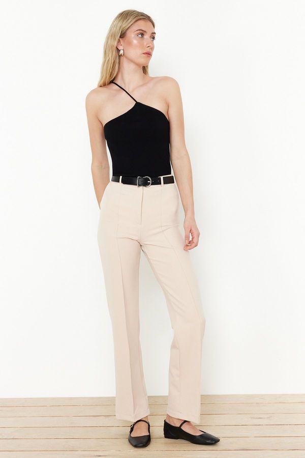 Trendyol Trendyol Beige Straight/Straight Cut High Waist Ribbed Stitching Woven Trousers