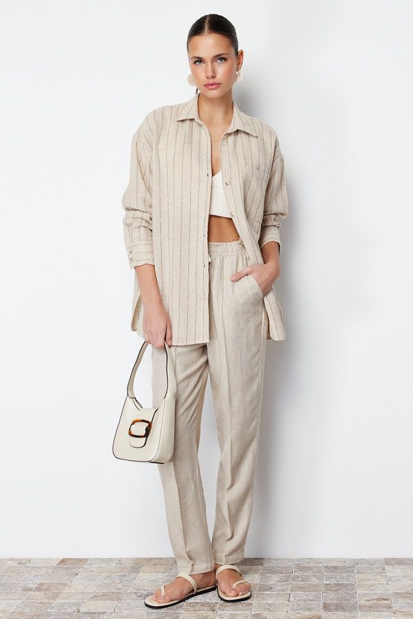 Trendyol Trendyol Beige Striped Oversize Linen Look Woven Shirt