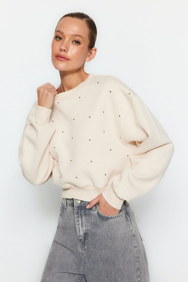 Trendyol Trendyol Beige Thick Fleece Inside, Stone Detailed Regular/Regular Knitted Sweatshirt