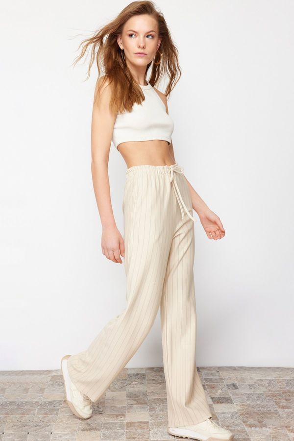 Trendyol Trendyol Beige Thick Striped Straight/Straight Cut Stretch Trousers
