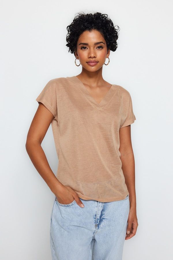 Trendyol Trendyol Beige V-Neck Linen Look Regular Fit Knitted T-Shirt