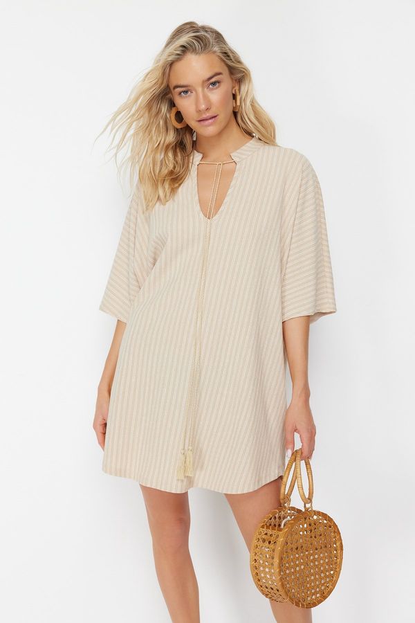 Trendyol Trendyol Beige Wide Fit Mini Knitted Tie Beach Dress