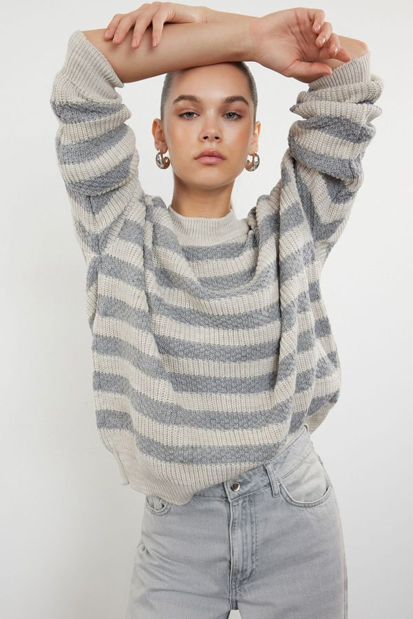 Trendyol Trendyol Beige Wide Fit/Oversized Striped Knitwear Sweater