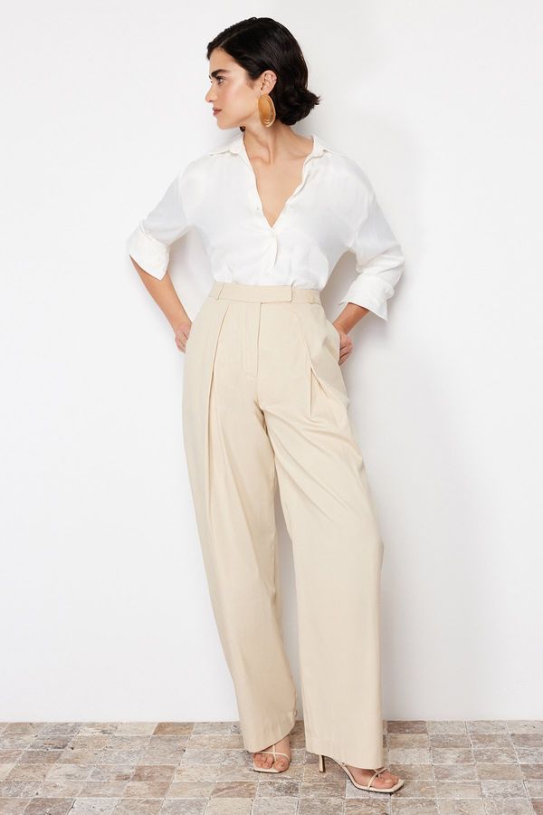 Trendyol Trendyol Beige Wide Leg Double Pleated Cotton Fabric Woven Trousers