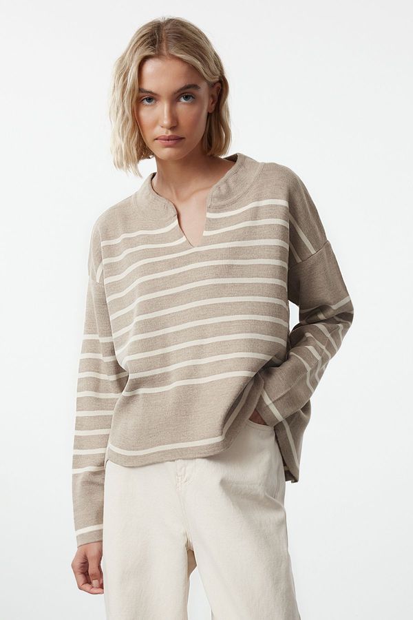 Trendyol Trendyol Beige Wide Neck Detailed Striped Knitwear Sweater