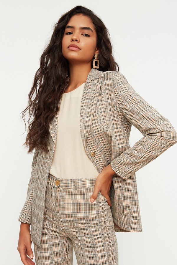 Trendyol Trendyol Beige Woven Lined Plaid Blazer Jacket