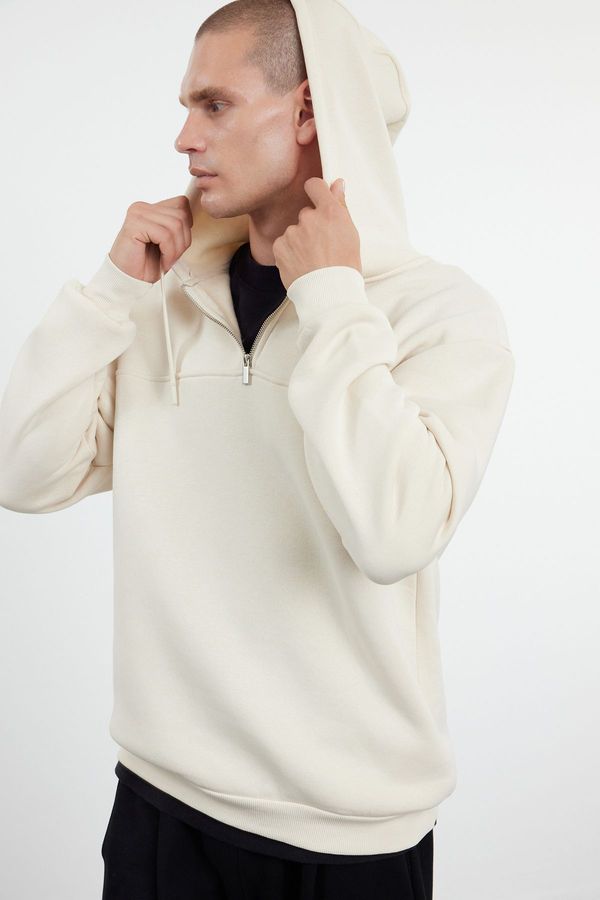 Trendyol Trendyol Beige Zipper and Stitching Detailed Oversize/Wide Fit Thick Sweatshirt