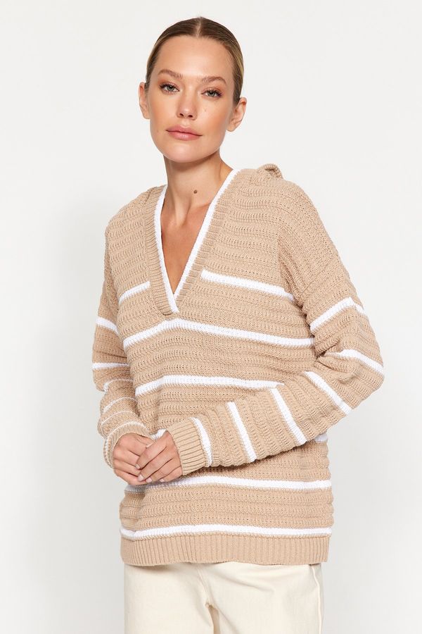 Trendyol Trendyol bež bolj trajnostni pulover za pletenine s črtastimi črtami