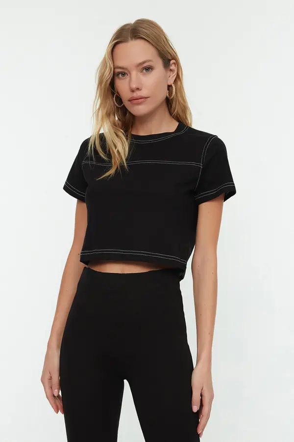 Trendyol Trendyol Black 100% Cotton Crop Crew Neck Knitted Sports T-Shirt