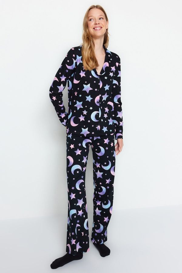 Trendyol Trendyol Black 100% Cotton Galaxy Patterned Shirt-Pants Pajama Set