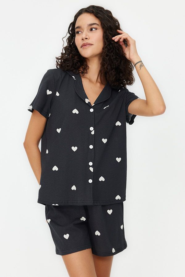 Trendyol Trendyol Black 100% Cotton Heart Patterned Knitted Pajama Set