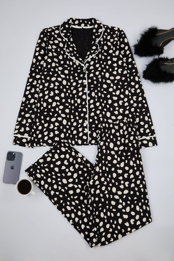 Trendyol Trendyol Black 100% Cotton Leopard Patterned Shirt-Pants Knitted Pajama Set