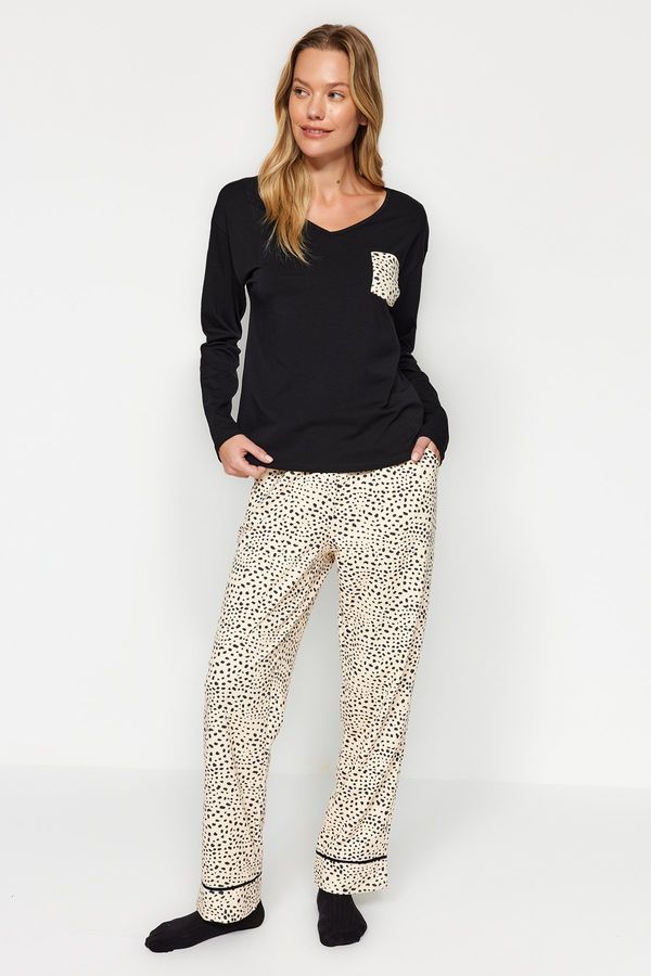 Trendyol Trendyol Black 100% Cotton Multi Color Leopard Patterned Tshirt-Pants Knitted Pajamas Set