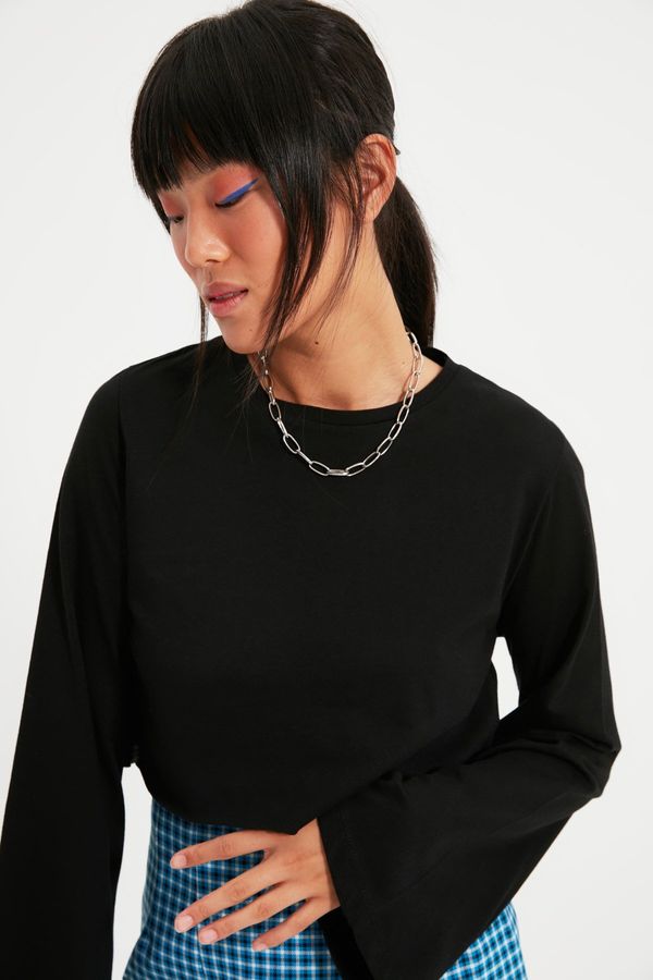 Trendyol Trendyol Black 100% Cotton Relaxed/Wide Comfort Fit Crop Crew Neck Knitted T-Shirt