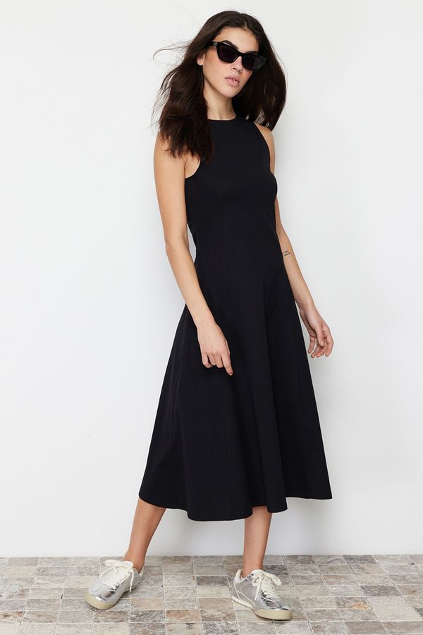 Trendyol Trendyol Black 100% Cotton Skater/Water Open Crew Neck Sleeveless Midi Knitted Midi Dress