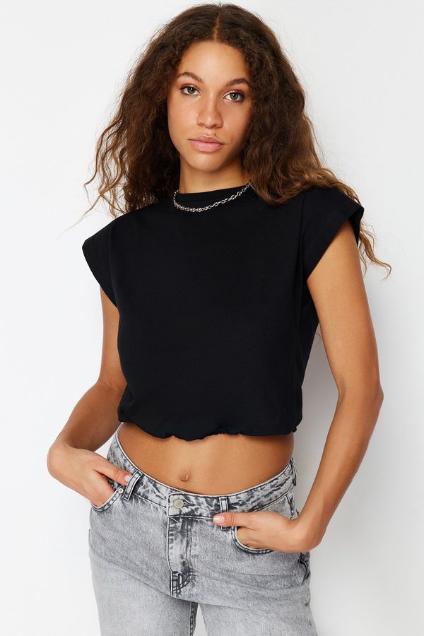 Trendyol Trendyol Black 100% Cotton Stopper Moon Sleeve Crop Knitted T-Shirt