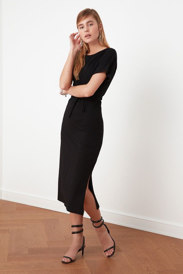 Trendyol Trendyol Black 100% Cotton Waist Slit and Tie Detailed Midi Knitted Pencil Dress