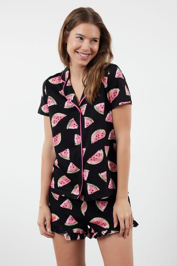 Trendyol Trendyol Black 100% Cotton Watermelon Patterned Ruffle Shirt-Shorts Knitted Pajama Set