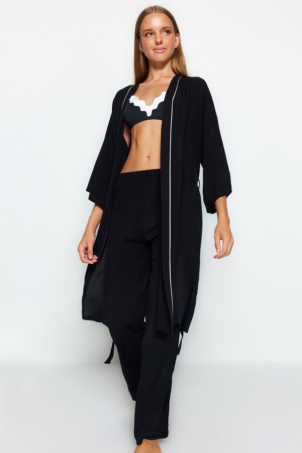 Trendyol Trendyol Black 2-Piece Viscose Ribbed Dressing Gown-Pajama Bottoms Woven Pajama Set