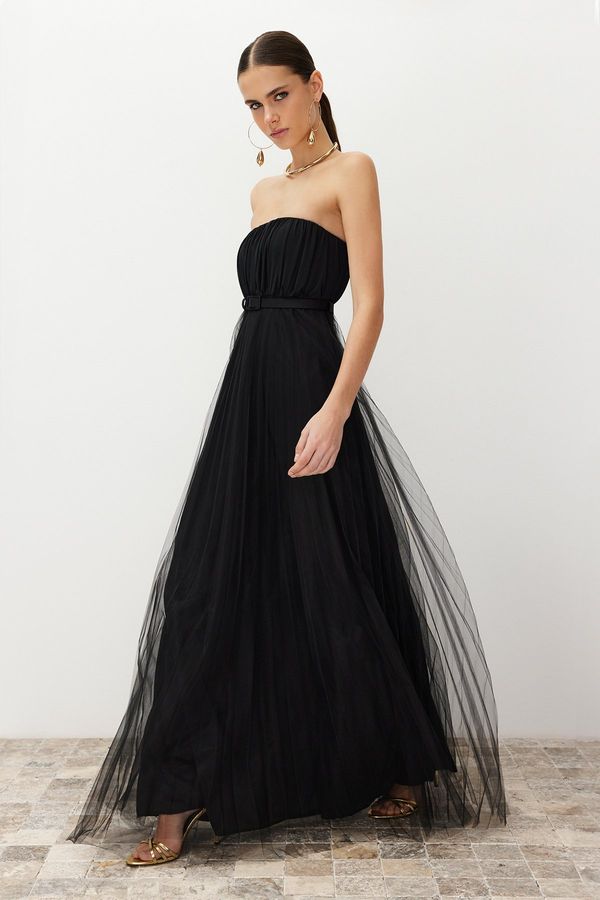 Trendyol Trendyol Black A-Cut Knitted Tulle Long Elegant Evening Dress