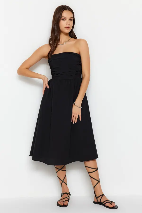 Trendyol Trendyol Black A-Cut Ribbed Detailed Poplin Woven Dress
