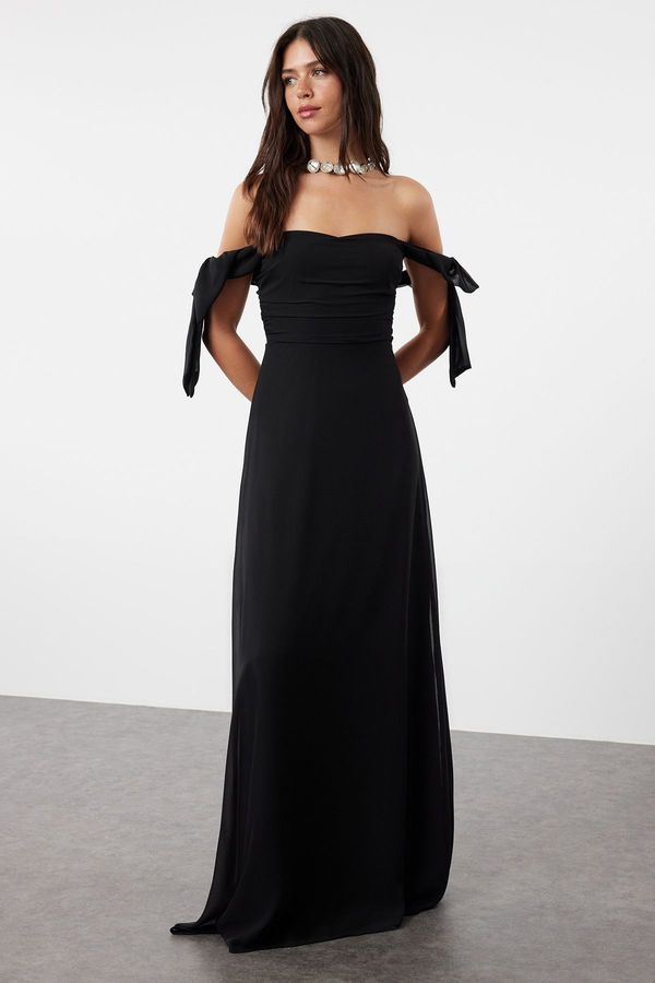 Trendyol Trendyol Black A-Line Carmen Neck Woven Chiffon Elegant Evening & Graduation Dress