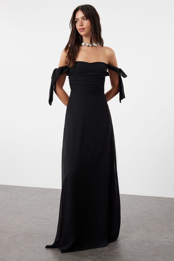 Trendyol Trendyol Black A-Line Carmen Neckline Chiffon Woven Evening Dress & Graduation Dress