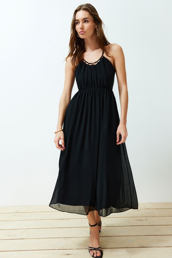 Trendyol Trendyol Black A-line Collar Detailed Chiffon Lined Midi Woven Dress