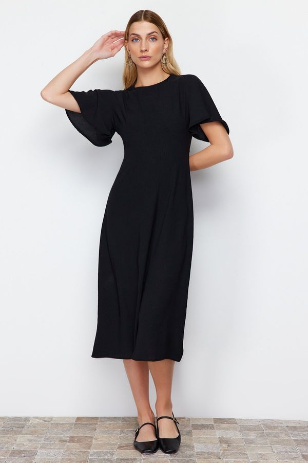 Trendyol Trendyol Black A-Line Crew Neck Button Detailed Midi Woven Dress
