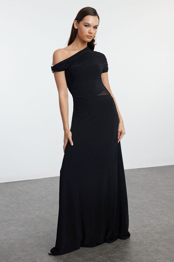 Trendyol Trendyol Black A-Line Pearl Accessory Knitted Elegant Long Evening & Graduation Dress