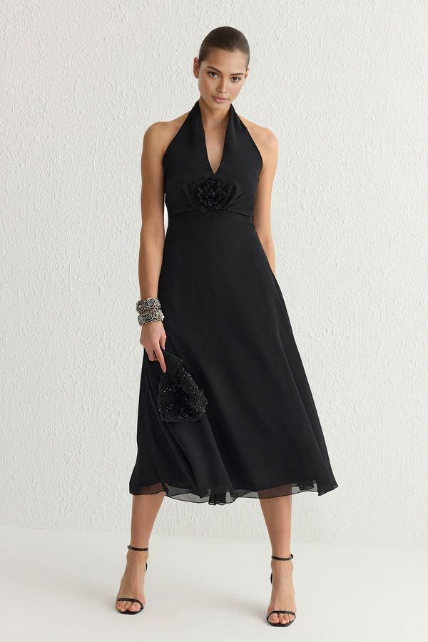 Trendyol Trendyol Black A-Line Rose Detail V Neck Lined Chiffon Woven Chic Dress