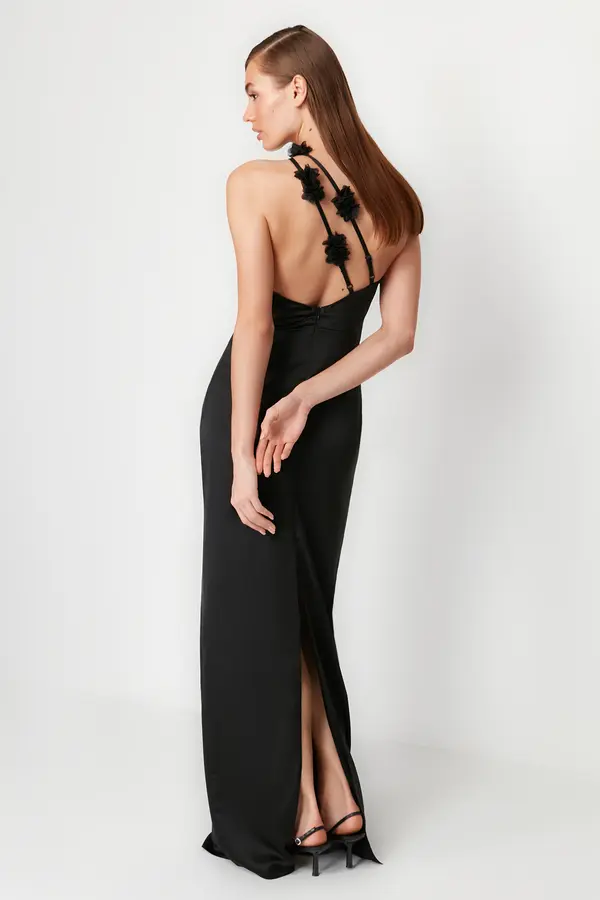 Trendyol Trendyol Black A-Line Rose Detailed Woven Satin Long Elegant Evening Dress